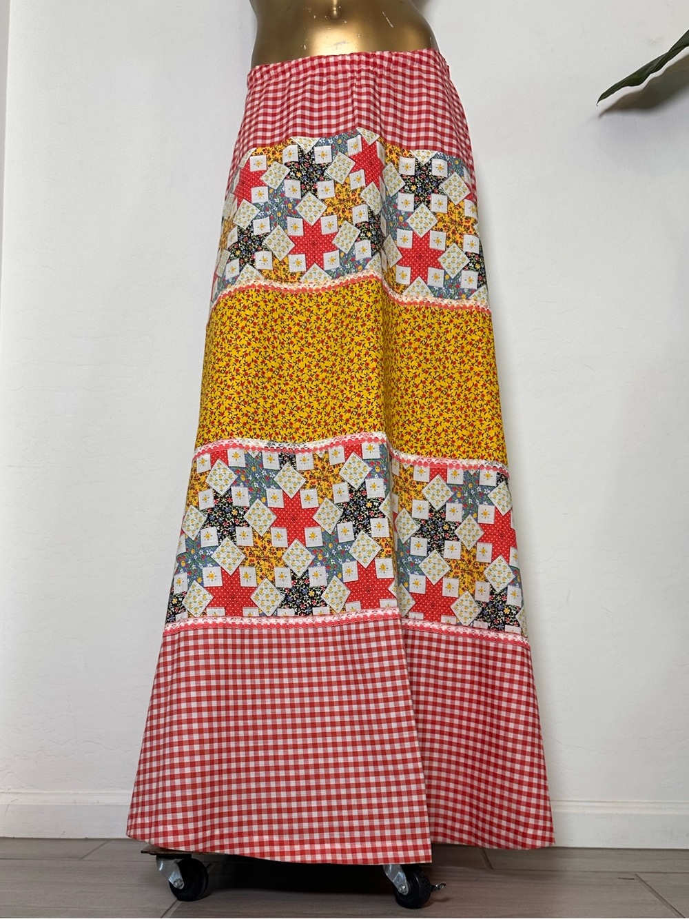 Vintage Handmade Patchwork Prairie Maxi Skirt Red Gingham/ floral quilt Print